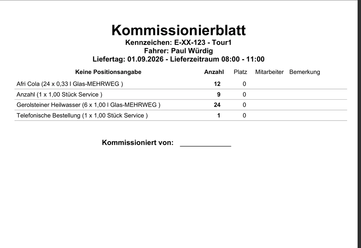Ausgedrucktes Kommissionierblatt mit Fahrer, Lieferzeitraum und Artikelmengen.