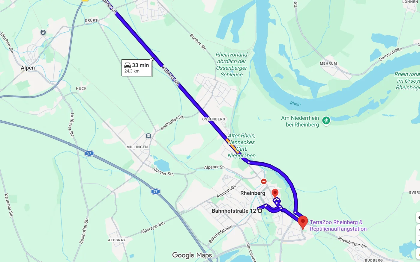 Kartenansicht der Beispieltour von Rheinberg nach Menzelen-West mit eingezeichneter Route.