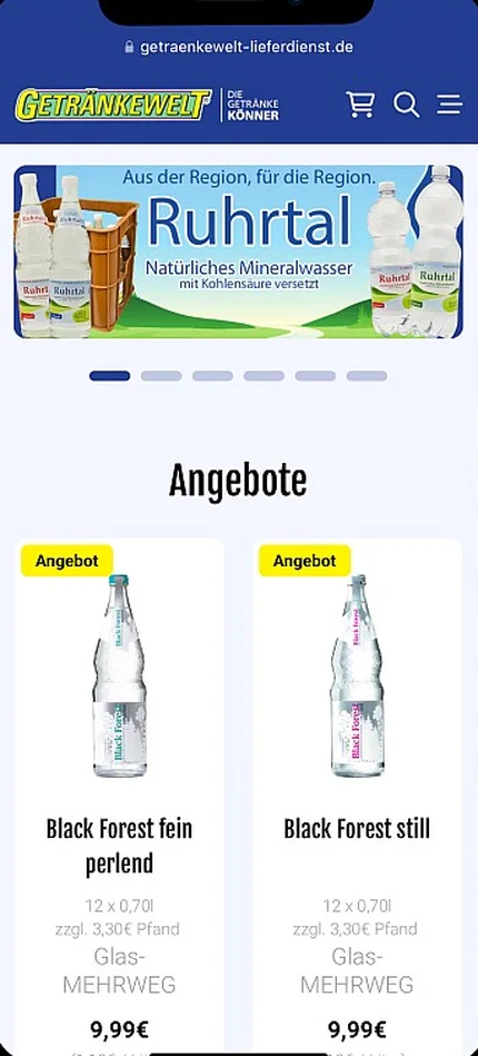 Startseite des Onlineshops Getränkewelt Lieferdienst.