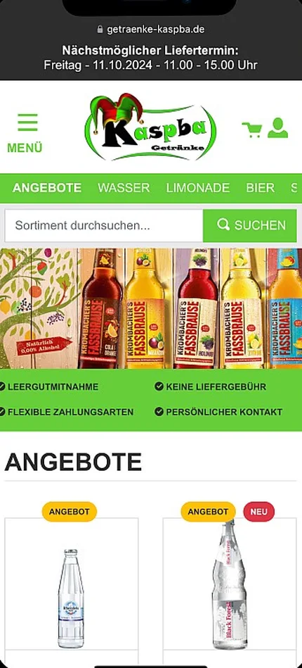 Startseite des Onlineshops Getränke Kaspba.