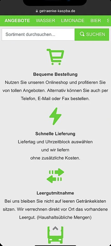 Vorteilsseite im Onlineshop Getränke Kaspba.
