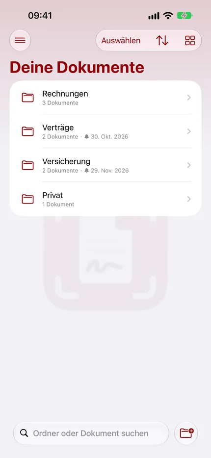 SMART-PDF, Dokumentenübersicht mit Ordnern.