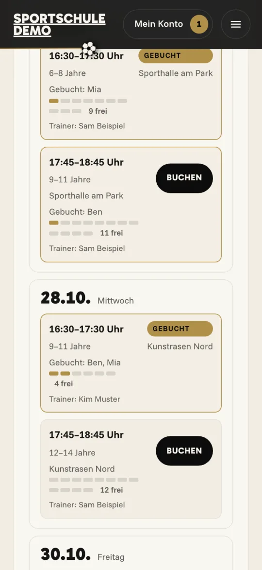 Freie Termine mit Belegung, gebuchte Termine sind markiert.