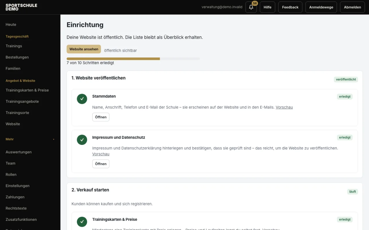 Einrichtung mit Fortschritt und abgehakten Schritten bis zur öffentlichen Website.