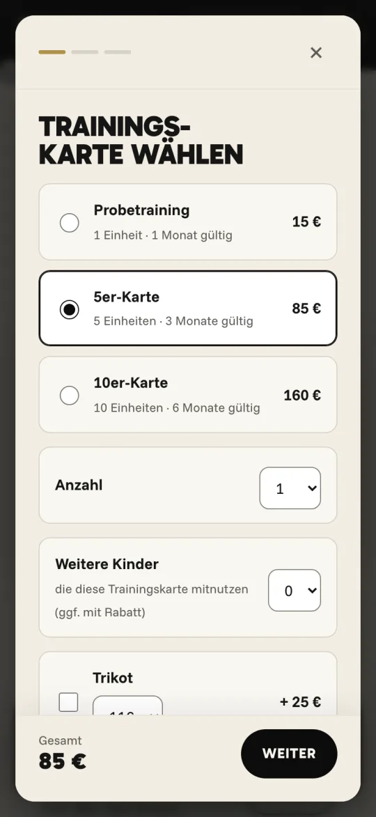 Auswahl der Trainingskarte mit Preis, Anzahl und weiteren Kindern.