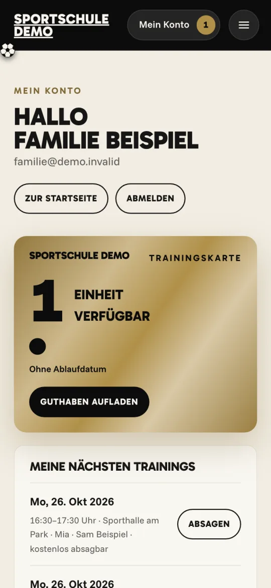Konto einer Familie mit dem Guthaben auf der Trainingskarte.
