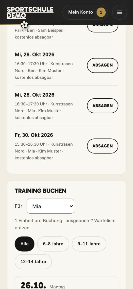 Liste der gebuchten Trainings, jedes mit Knopf zum Absagen.