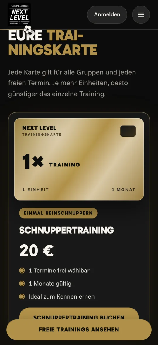 Trainingskarten der Fußballschule NEXT LEVEL auf dem Handy.