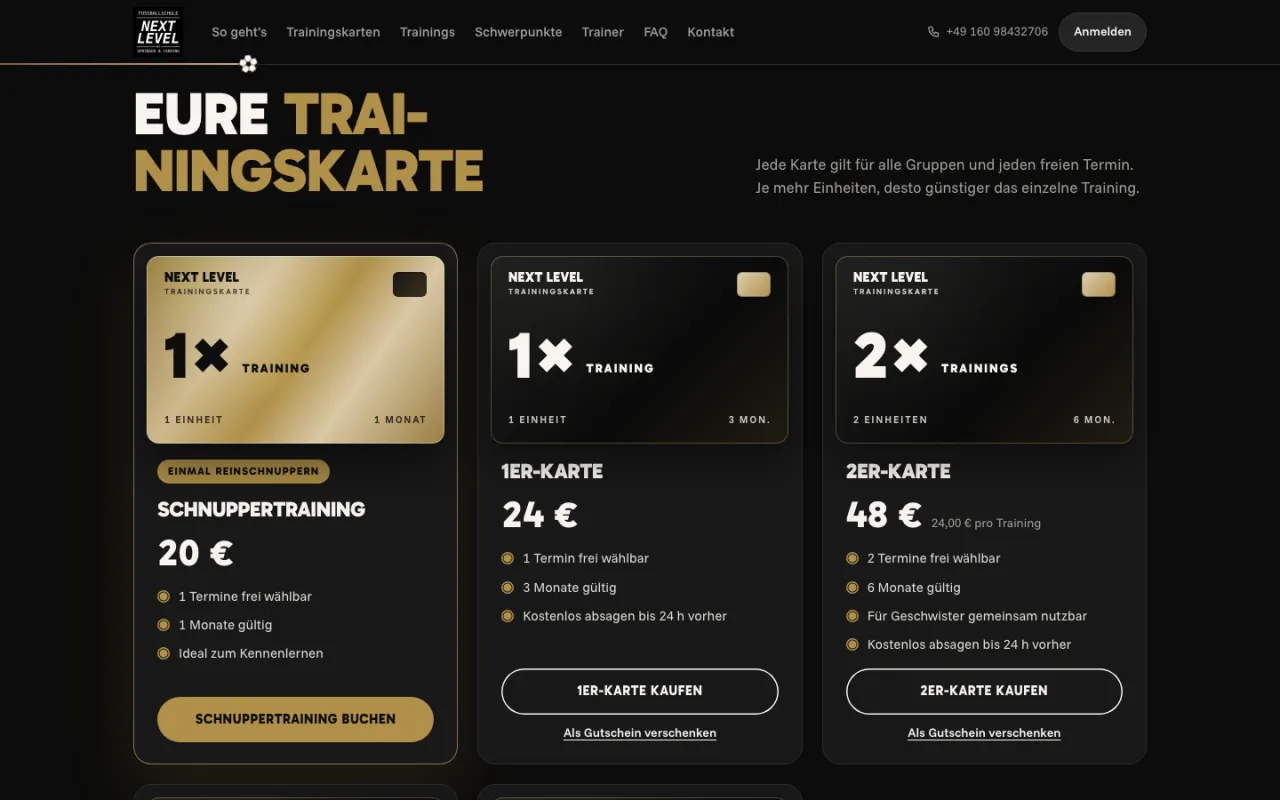 Trainingskarten der Fußballschule NEXT LEVEL mit Preis, Gültigkeit und Absagefrist.