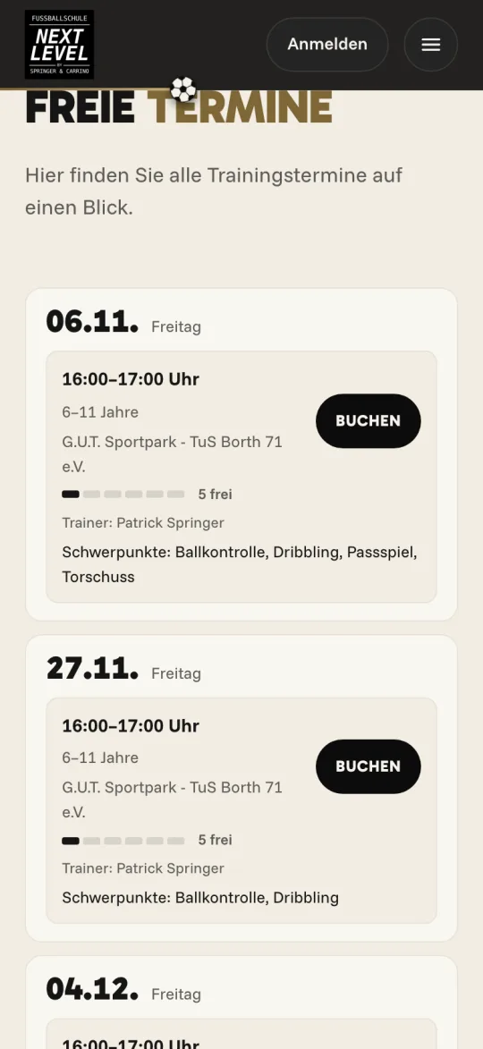 Freie Termine der Fußballschule NEXT LEVEL auf dem Handy.